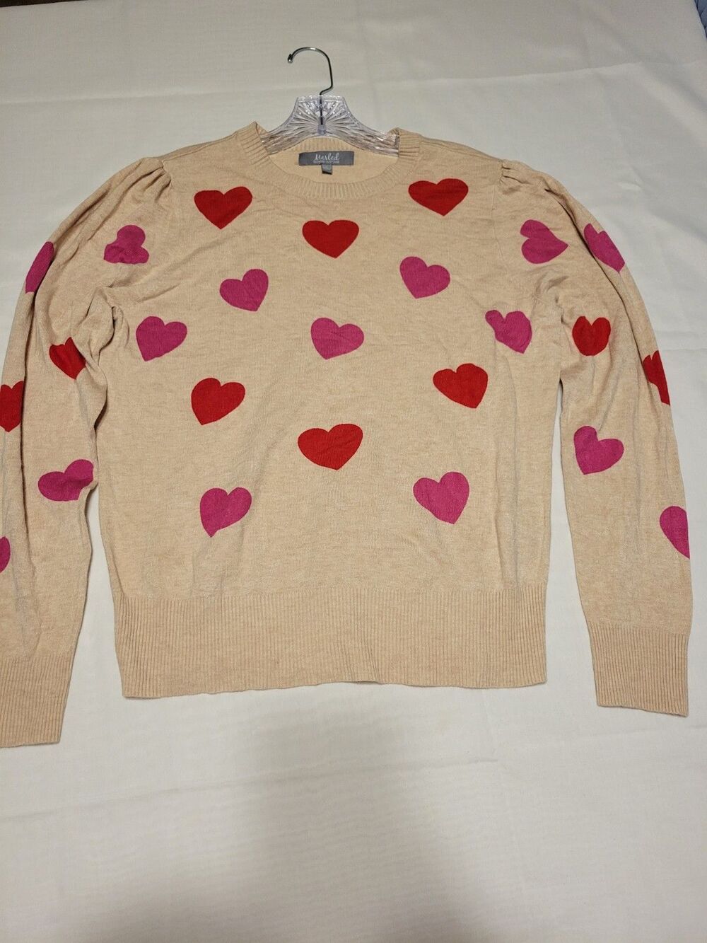Marled Women's Beige Heart Knit Crewneck Puff Sleeve Pullover Sweater Rayon L